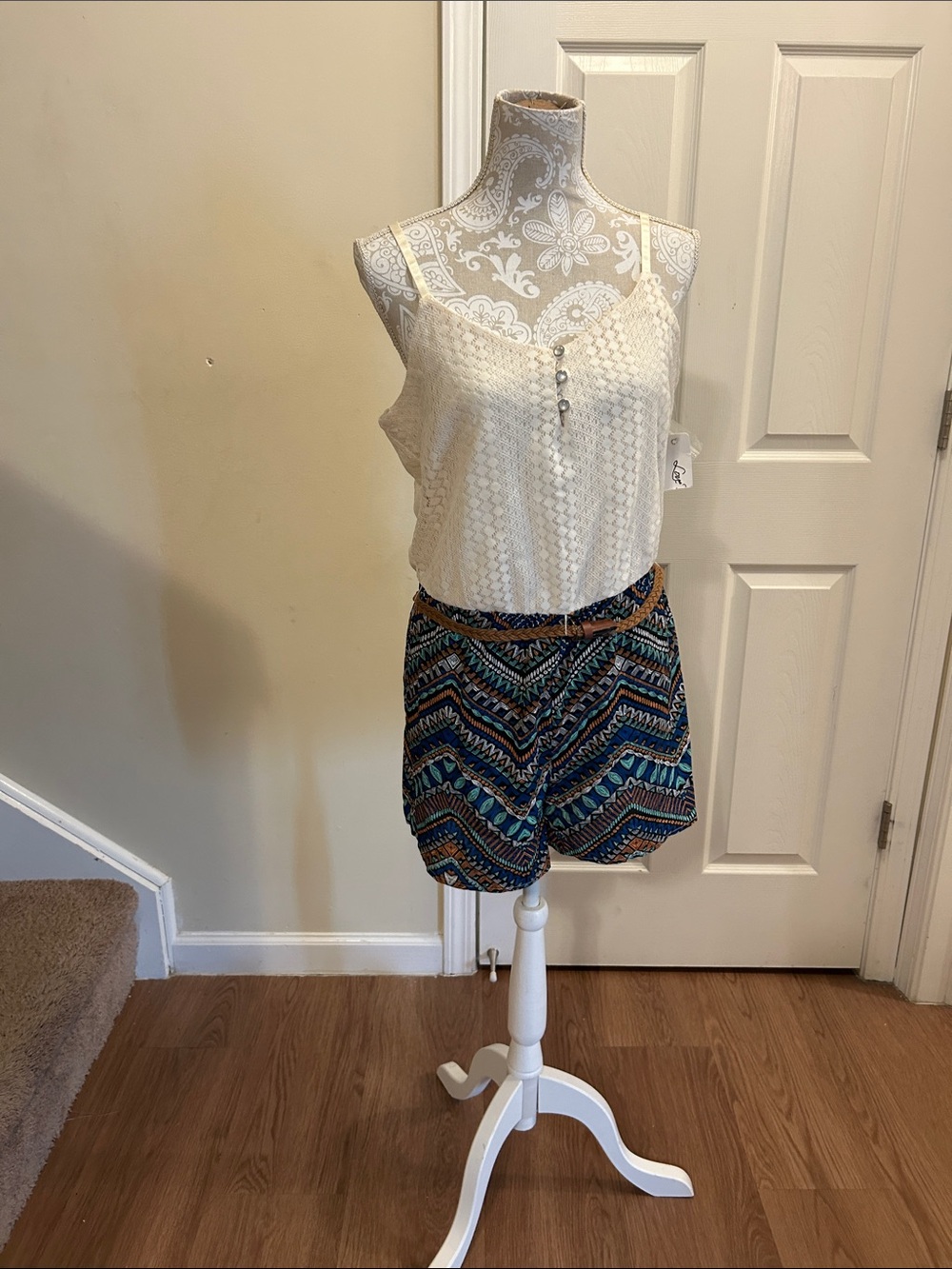 Love Reign Cream Crochet Cami with Navy and Teal Aztec Shorts